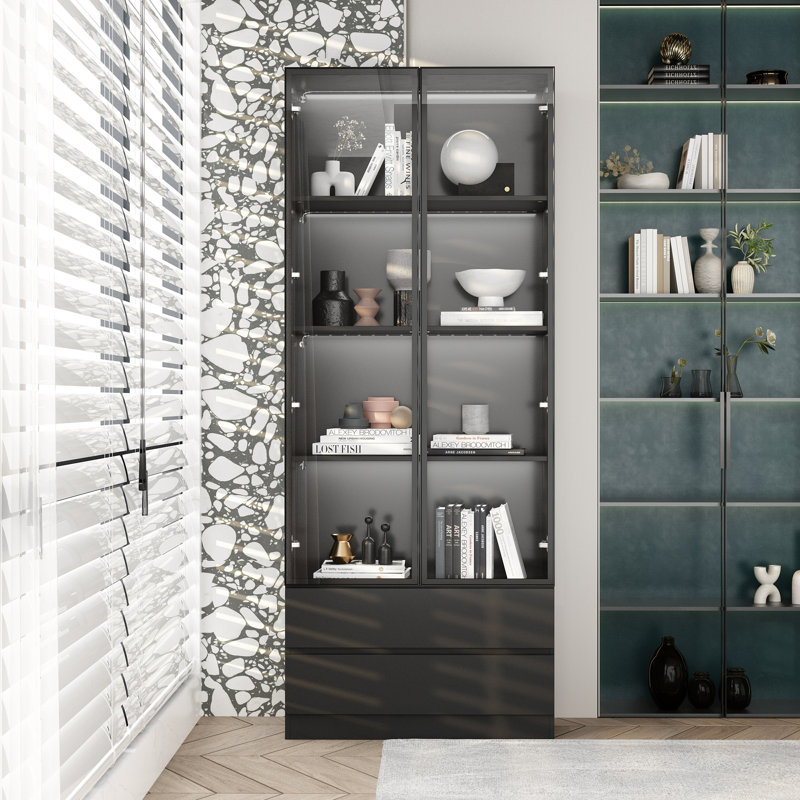 Elegant LED-Lit Bookcase With Tri-Color Lighting And Glass Display Doors