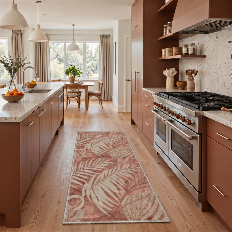 Veranda Tropical Machine Washable Red / Beige Indoor Area Rug with Non-Slip Backing, Runner 2' x 7'