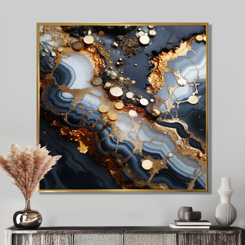 Décoration murale luxueuse en agate éclipse, blanc et bleu doré, H 16 po x l 16 po x P 1 po, Cadre flottant doré