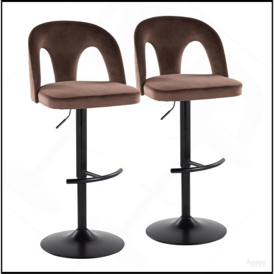 Tabouret de bar réglable en métal noir et velours espresso avec repose-pieds arrondi en T - ensemble de 2