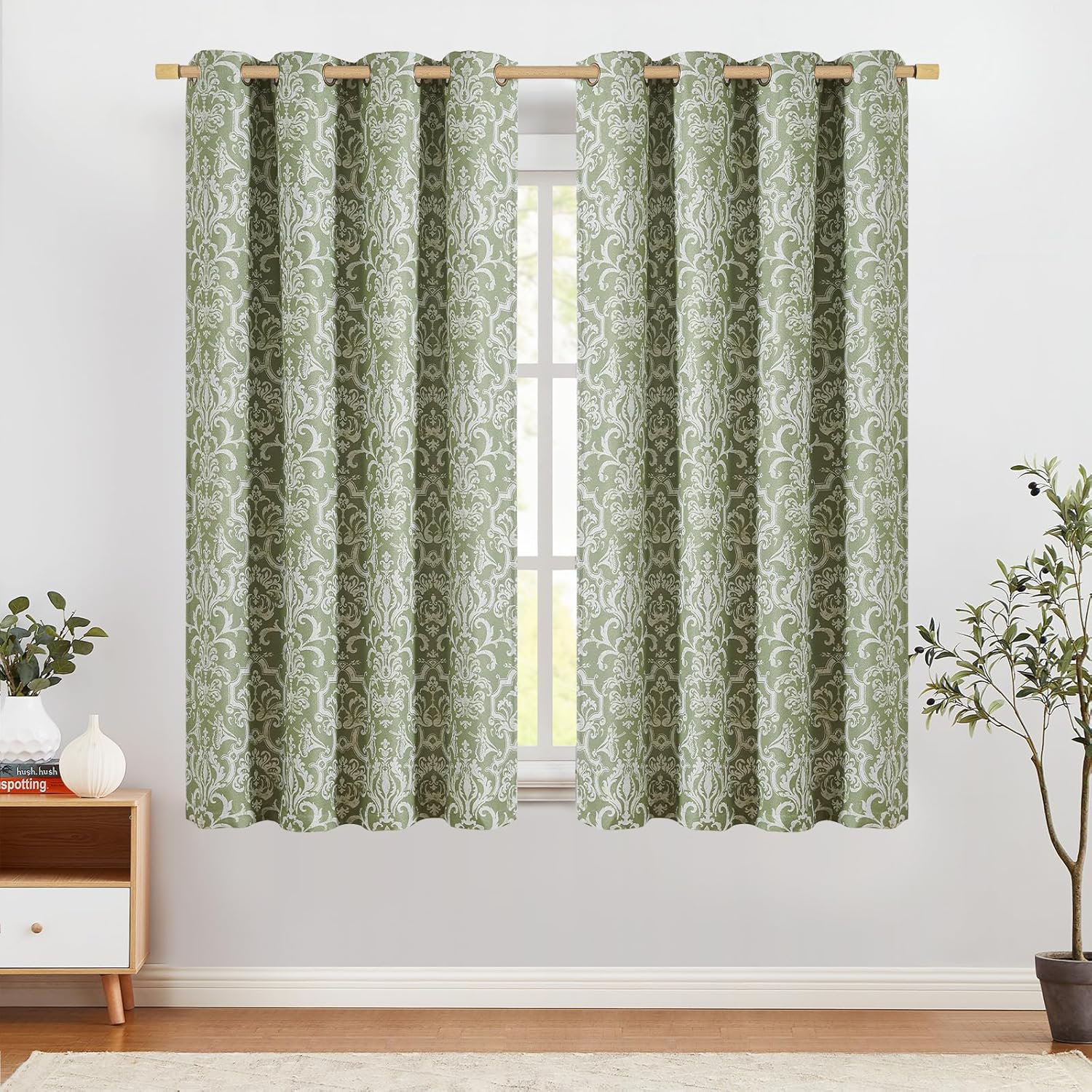 Alcott Hill® Room Darkening Curtains for Bedroom Green Damask Patterned ...