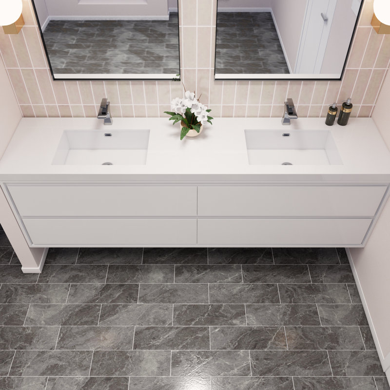 Azden 84" Wall-Mounted Double Bathroom Vanity Set, High Gloss White