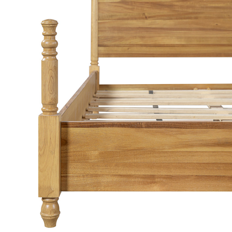 Lit plateforme Garron traditionnel en bois avec poteaux tournés, tête de lit festonnée, support à lattes de bois, aucun sommier tapissier requis, silencieux