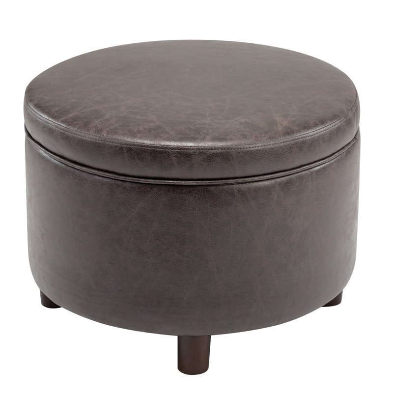Classic Round Storage Ottoman Footstool With Removable Lid, Upholstered Faux Leather/Fabric, Wooden Legs For Living Room & Bedroom
