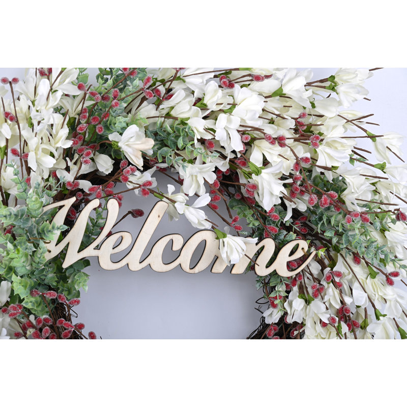 Couronne de Noël en fausse couronne de Noël fabriquée à la main 24 po pour porte d'entrée, Blanc / rouge