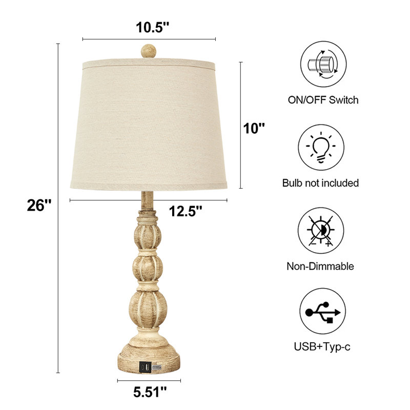 26" Resin Table Lamp with USB and Type-C Outlet, Brown