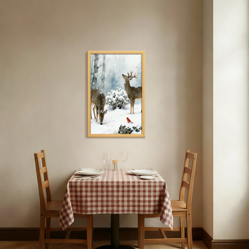 Animals Winter Deer And Cardinal Scene