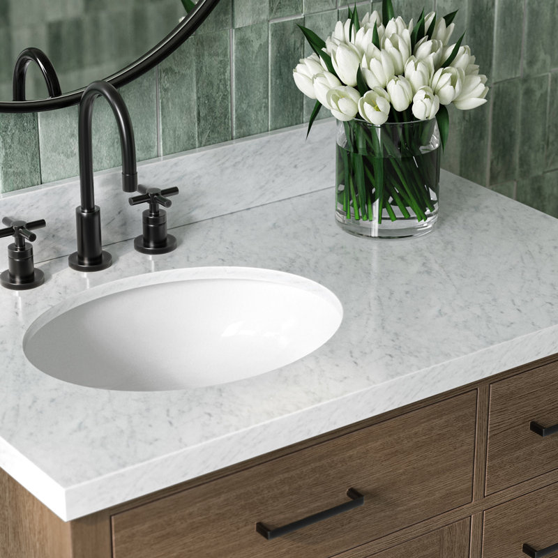 ARIEL HEPBURN 37 IN RIGHT OFFSET RECTANGULAR SINK VANITY 1,5 IN, Oval, Left, Brown Oak/Matte Black