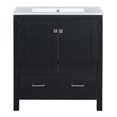 30" Bathroom Vanity In Black With Solid Wood - Construction, Single Sink, 2 Doors And 1 Drawer, Soft Close For Basic Cabinet Sink. Material, Function. Drawer Storage. Rectangular Ceramic Basin. Modern