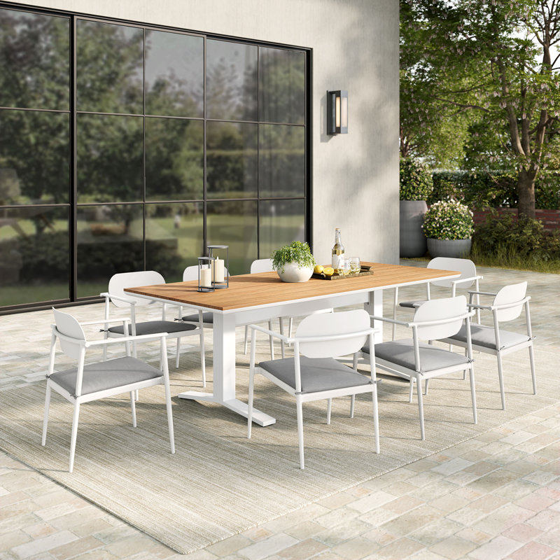 Aeris 9-Piece Outdoor Patio Aluminum Dining Set, Brown/White