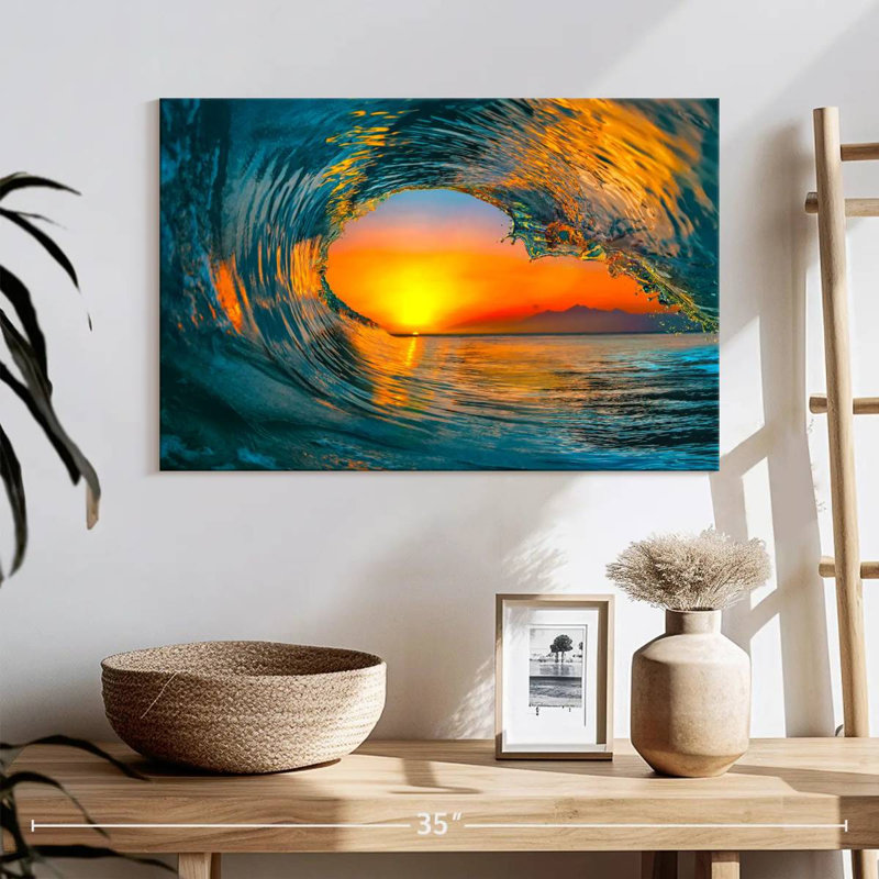Vague dorée au coucher du soleil, H 9 po x l 13 po, Cadre flottant blanc
