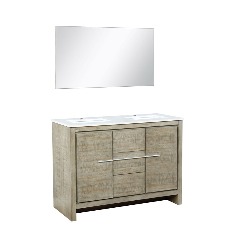 Lafarre Lafarre 48 in W x 20 in D Rustic Acacia Double Bath Vanity, White Quartz Top and 43 in Mirror, White Cultured Marble
