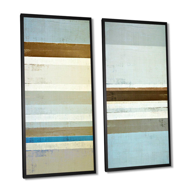 «Teal Meets Beige Abstract Stripes II», ensemble de 2 impressions sur toile, H 40 po x l 40 po x P 1 po, Cadre photo noir