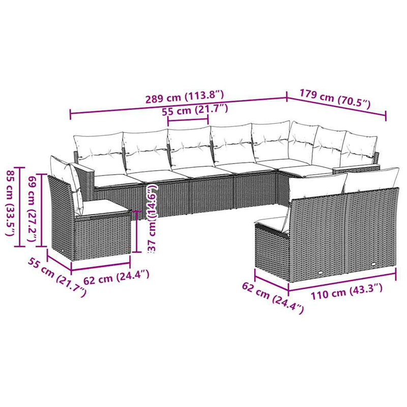 Ensemble de canapé de patio 7 pièces avec coussins en rotin noir pour l'extérieur