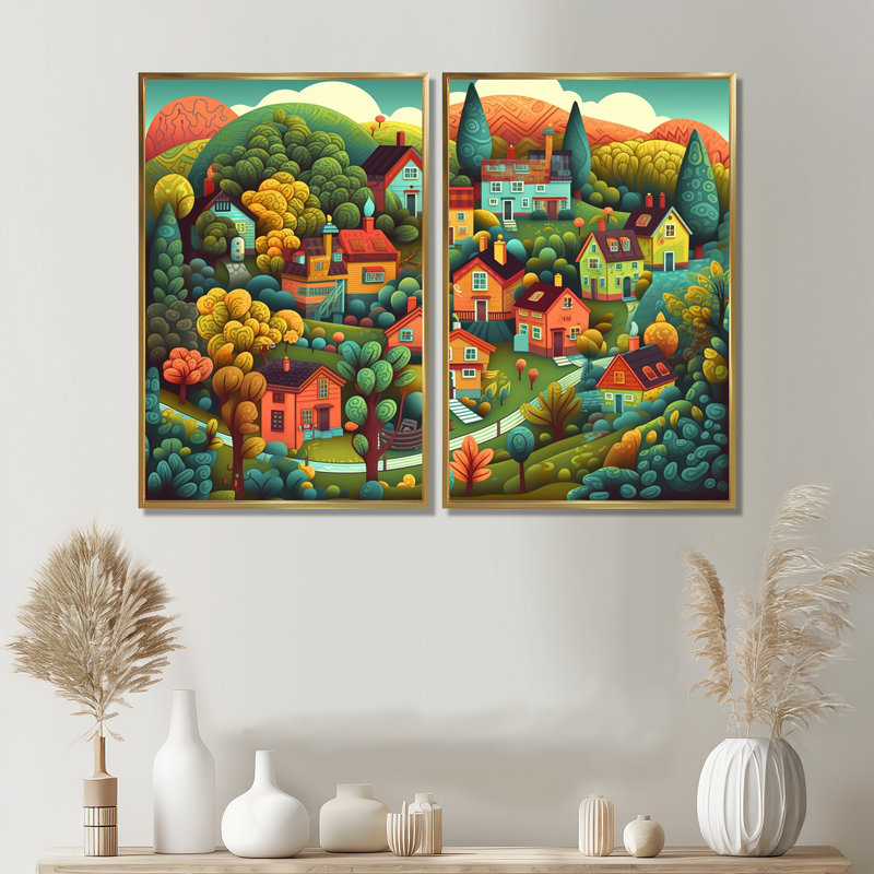 Petite ville village II - Grand paysage, impressions sur toile, 36" H x 48" W, Impression encadrée flottante, Gold