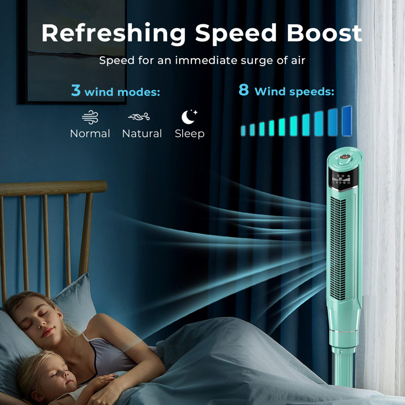 Tower Fan 59” Portable With Oscillation Remote Control, Adjustable height（0-7in）,8 Powerful Wind Speed And 3Modes Setting, Built In 24 H Timer Led Display Compact Standing Fan