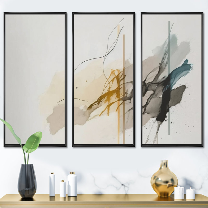 «Mustard Yellow Secrets», ensemble d'art abstrait sur toile à encre liquide_80446, H 28 po x l 36 po x P 1 po