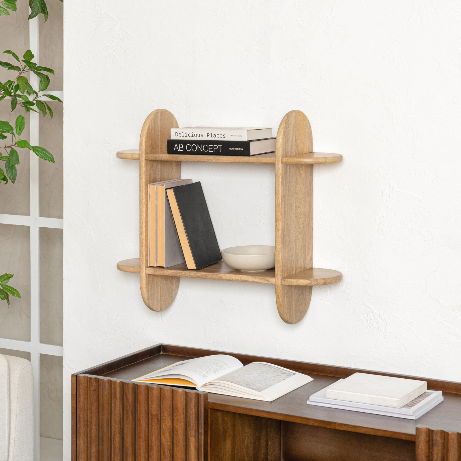 Fuller Solid Wood 2 Tier Wall Mounted Display Shelf, Natural