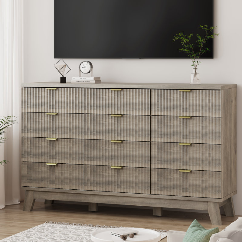 Commode cannelée à 12 tiroirs pour chambre à coucher, commode de 57 po de largeur avec poignée en métal, pieds de table robustes, grande commode de rangement pour le salon