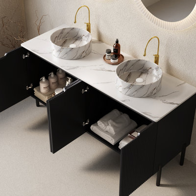 60" Modern Scandinavian Black Freestanding Bathroom Vanity, With 2 High - Quality Matte Ceramic Basins Curved Edges, Sintered Stone Countertop, Solid Wood Particle Board Cabinet And Doors Quiet Soft