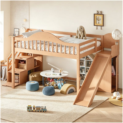 Lit mezzanine simple avec escalier de rangement, glissade et garde-robe intégrée, garde-corps haut élégant, cadre de lit mezzanine en bois pour la chambre à coucher, les dortoirs, les invités. Noyer