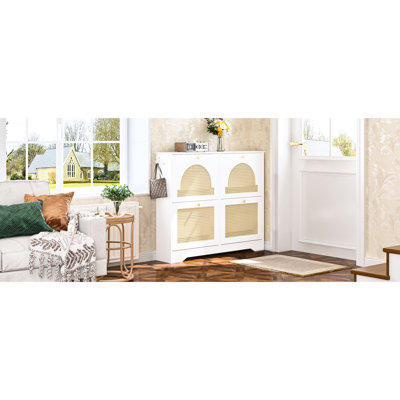 White Mid - Century Shoe Cabinet With 4 Flip Doors, 2 Hooks For Bags, Freestanding In Hallway, Tip Device, Felt Pads Floor, Ideal Storage Narrow Organizer Woven Keychain Storage, Entryway, Feature,
