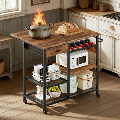 Chariot pour îlot de cuisine avec prise de courant et abattant, chariot de cuisine mobile avec plan de travail extensible, tablette réglable, tiroir et support à vin pour la salle à manger ou la cuisine