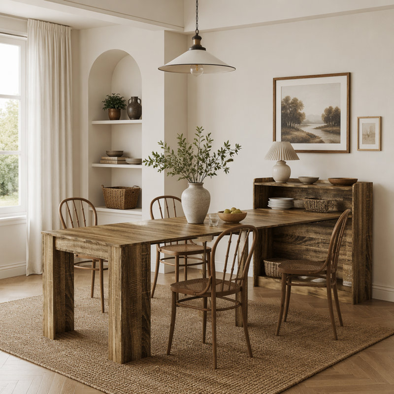 Table de salle à manger extensible avec feuilles de rangement et finition en mélamine Adapt, Barnwood