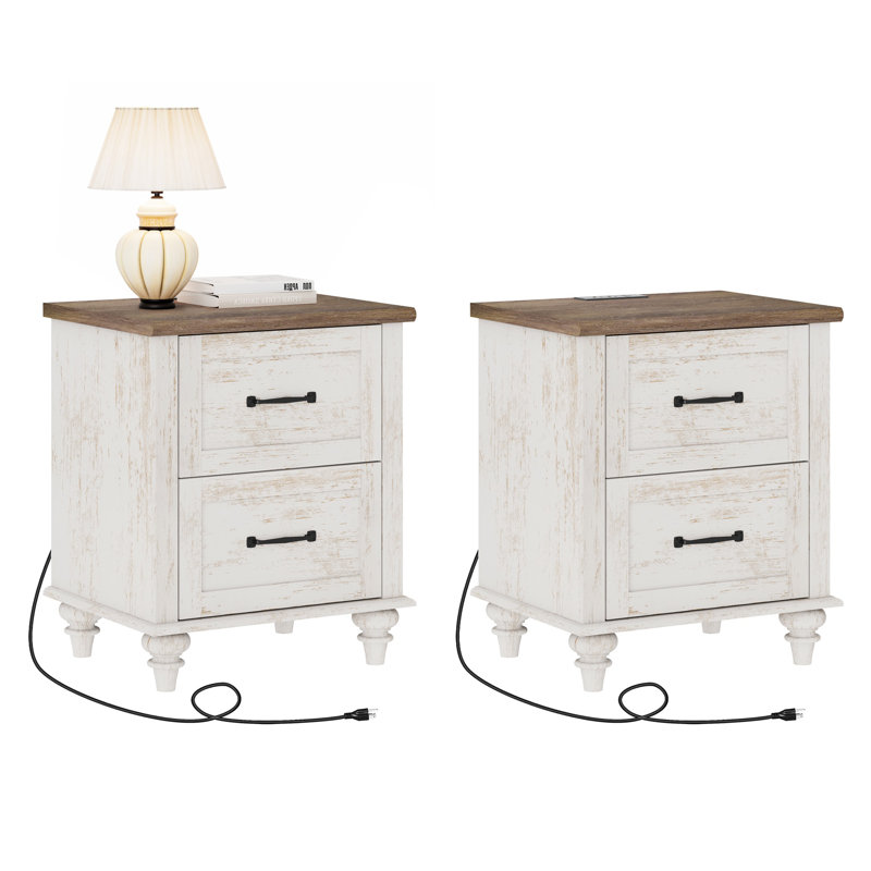 Table de chevet avec station de charge pour chambre Corretta, Blanc antique / chêne brun