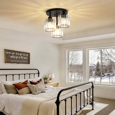 3-Light Semi Flush Mount Ceiling Light, Modern Matte Black Crystal Fixture For Kitchen, Entryway & Bedroom