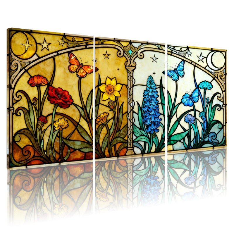 Ensemble de 3 reproductions d'art mural sur toile en vitrail, H 18 po x l 36 po