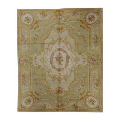 Tapis ivoire et vert noué à la main de haute qualité