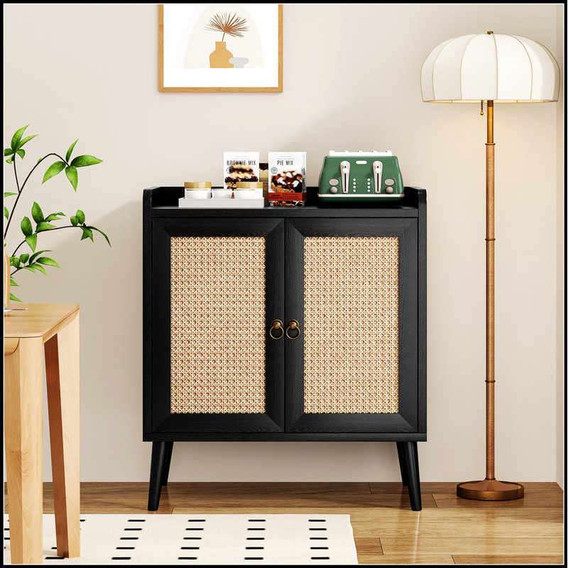 Buffet de style médiéval avec portes en rotin, idéal pour la salle à manger, le salon et le couloir, Noir