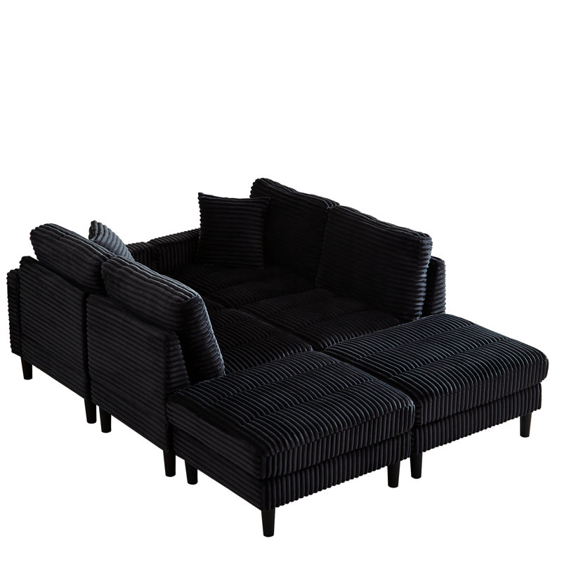 Canapé modulaire en velours côtelé noir de style salon de 122,5 po avec 2 repose-pieds, coussins et pieds en plastique pour un look élégant