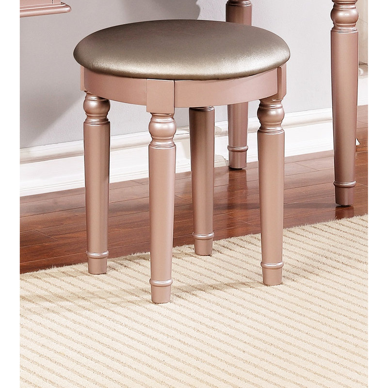 Meuble-lavabo classique en or rose, avec miroir pliable, cinq tiroirs et un tabouret rond rembourré, conception en bois d'hévéa massif de style contemporain doré, confortable
