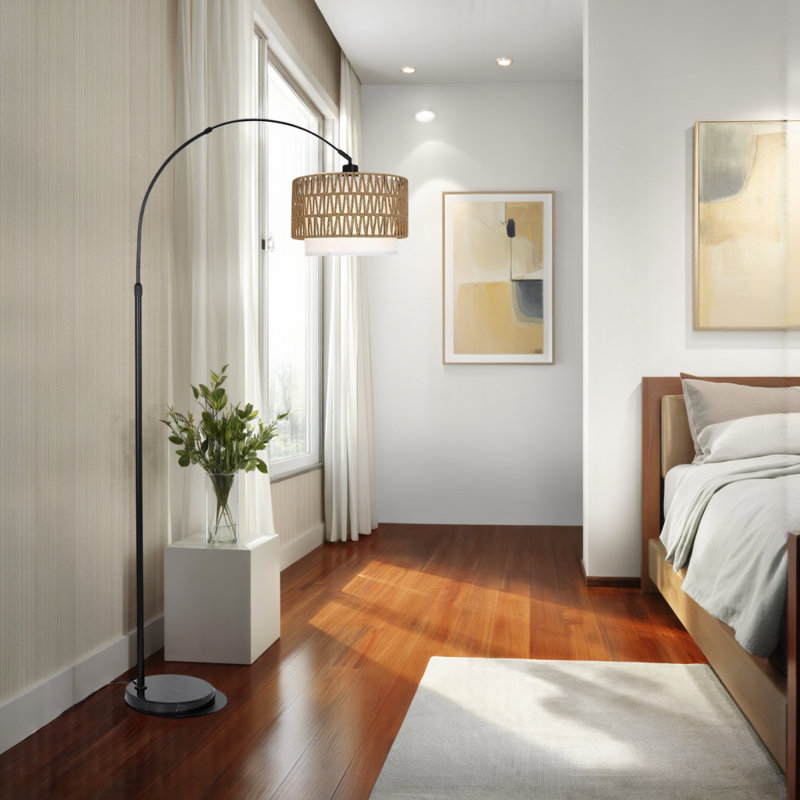 Lampe sur pied DEL moderne avec ampoule à intensité variable avec 3 températures de couleur, à intensité variable, à hauteur réglable, base en marbre, abat-jour en rotin, éclairage intelligent, brun et noir