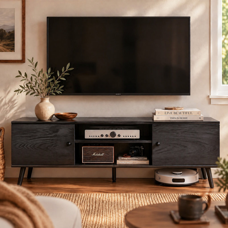Josebe Media Console for TVs up to 65" with Cabinets Adjustable Shelves, Black