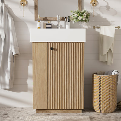Meuble-lavabo autoportant moderne avec lavabo en céramique, armoire à grain de bois, rangement ouvert et fermé pour petits espaces