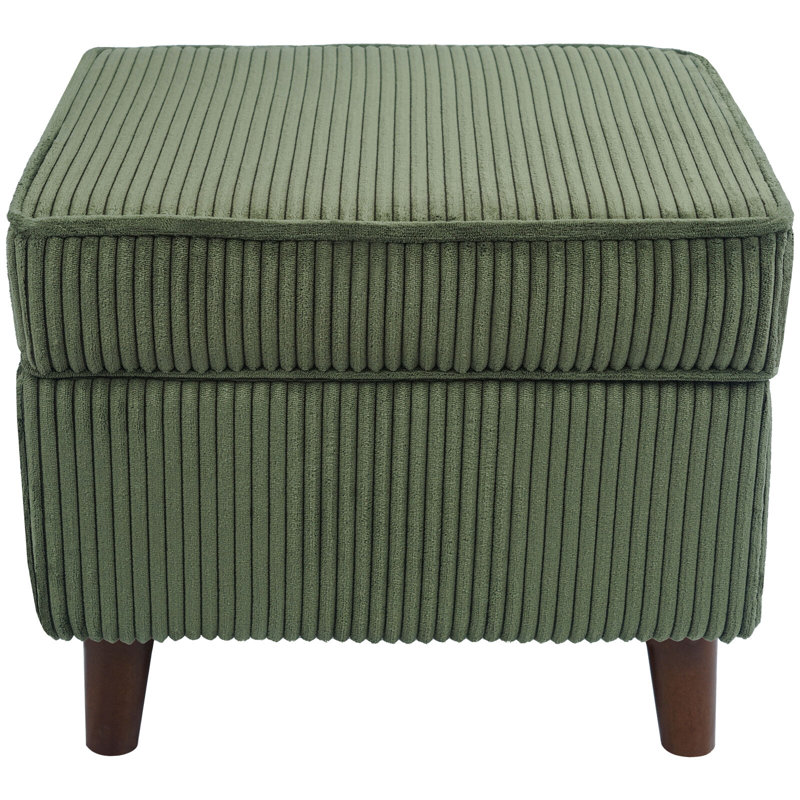 Green Corduroy Upholstered Storage Ottoman with Solid Wood Legs
