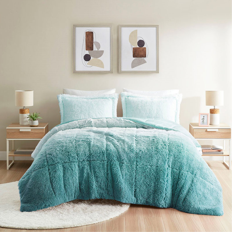 Mini ensemble d'édredon à poils longs Ombre, Turquoise, Édredon simple + 1 taie décorative