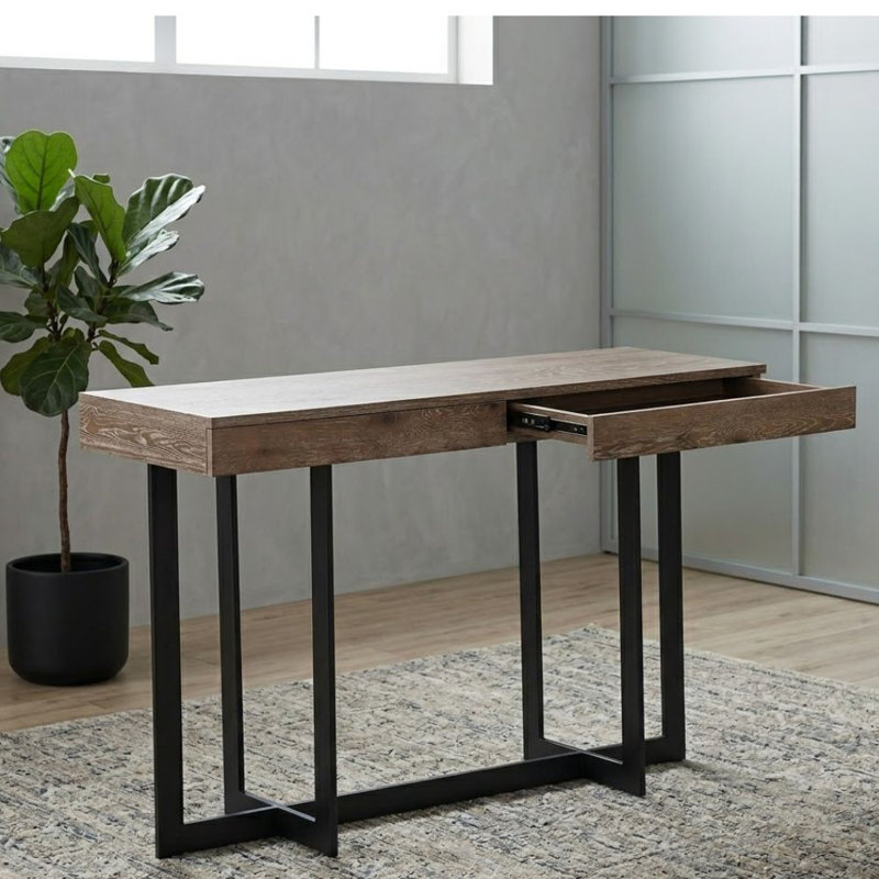Kaitosi Console rectangulaire en bois gris lavé / sable noir avec tiroir et pieds en métal