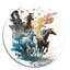 Three Horse Stampede - cheval, art mural rond sur métal-88628272