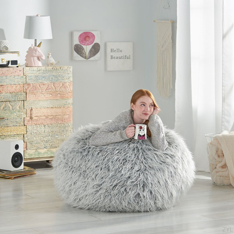 Fauteuil à billes en fausse fourrure gris argenté 3 pieds, gris argenté