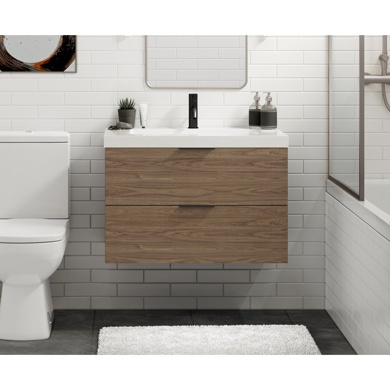 Avila 30" W Wall Mounted Single Bathroom Vanity, Matte White/8" Widespread, Nocino, Polished Nickel