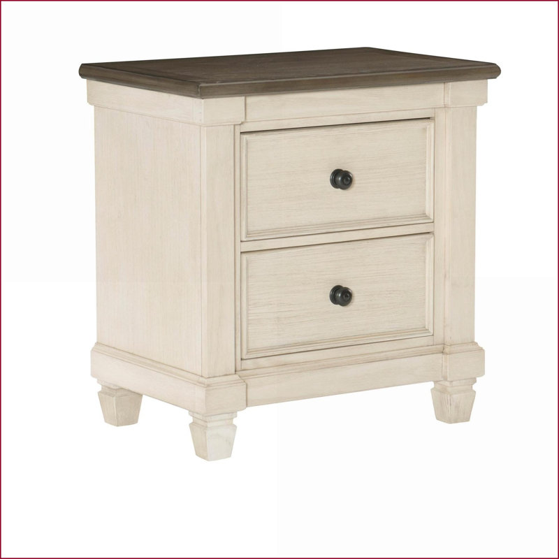 Table de chevet transitionnelle rustique à 2 tiroirs blanc antique et brun rosé