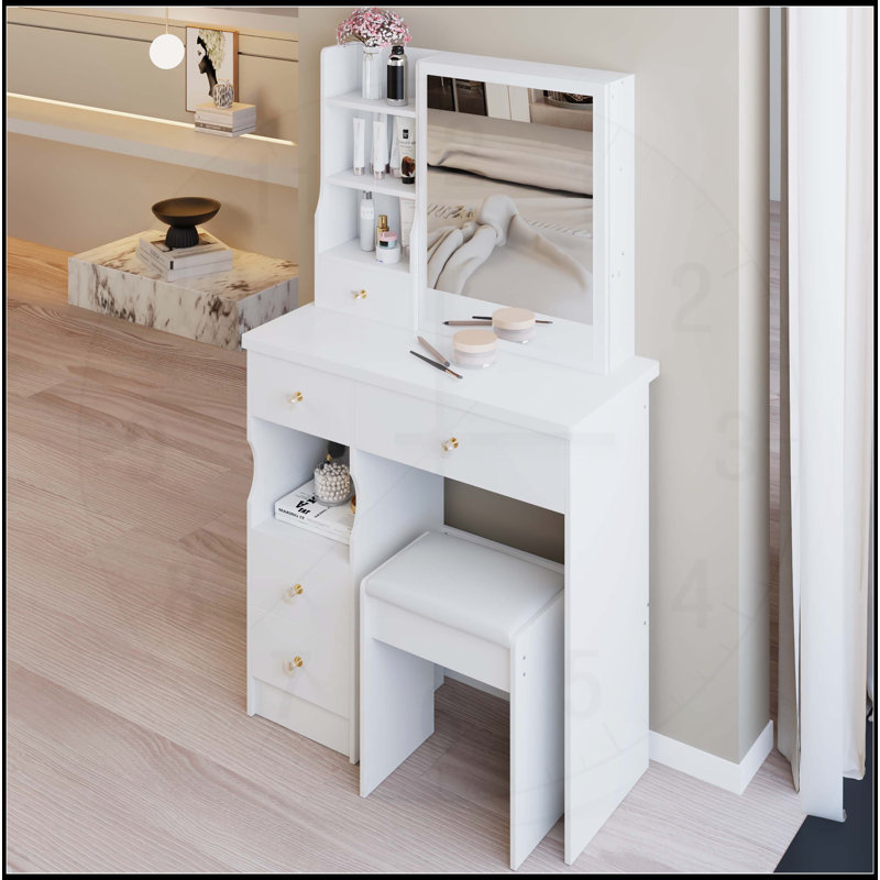 Ensemble de coiffeuse compact et pratique avec tabouret rembourré et plusieurs couches de rangement pour les petits espaces
