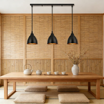 Luminaire suspendu pour îlot de cuisine 3 lumières, lustre de ferme industriel avec cordons ajustables, abat-jour cloche en métal noir mat et intérieur doré, pour salle à manger, couloir ou escalier