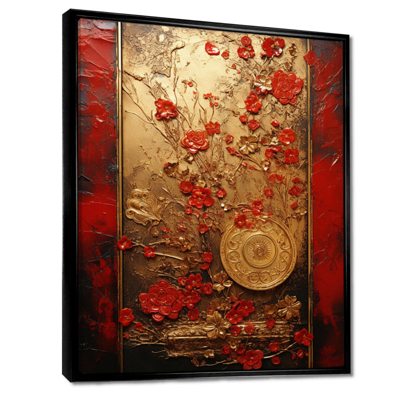 «God and Red Floral Japanese Tiles III - Abstract Botanicals», art mural, H 32 po x l 24 po x P 1 po, Cadre flottant noir