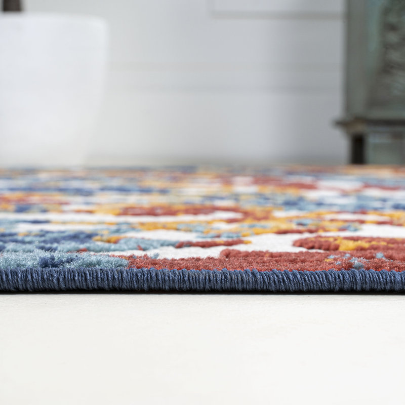 Tapis intérieur / extérieur crème / bleu / rouge Rhianne, Rectangulaire 3 pi x 5 pi