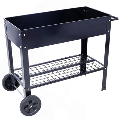 Products Elevated Mobile Raised Ergonomic Metal Planter Garden Bed For Backyard, Patio W/Wheels, Lower Shelf, Black